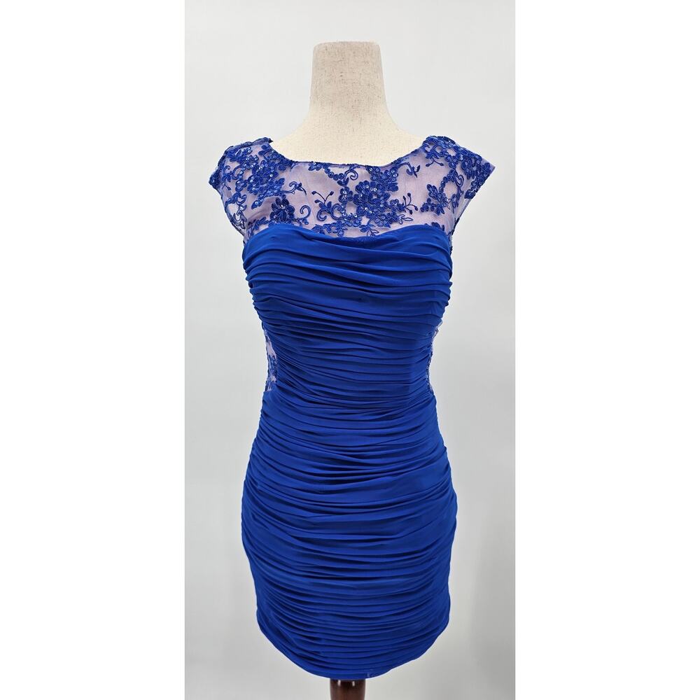 La Femme Women's 2 Electric Blue Mesh Floral Formal Cocktail Dress 19900